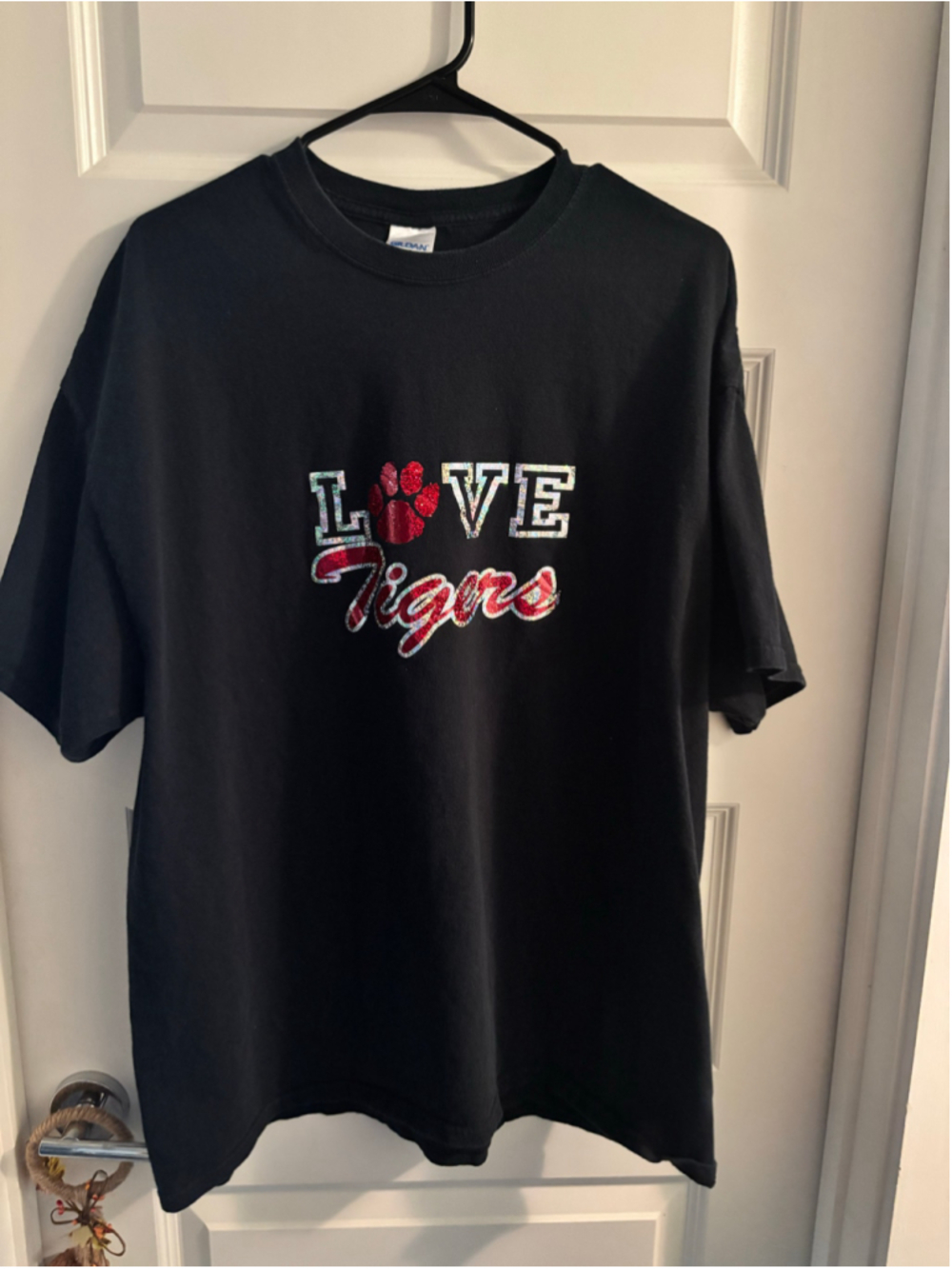 Custom Love Tigers Graphic Tee - Black Sequin-Style Spirit Shirt, Size 2XL